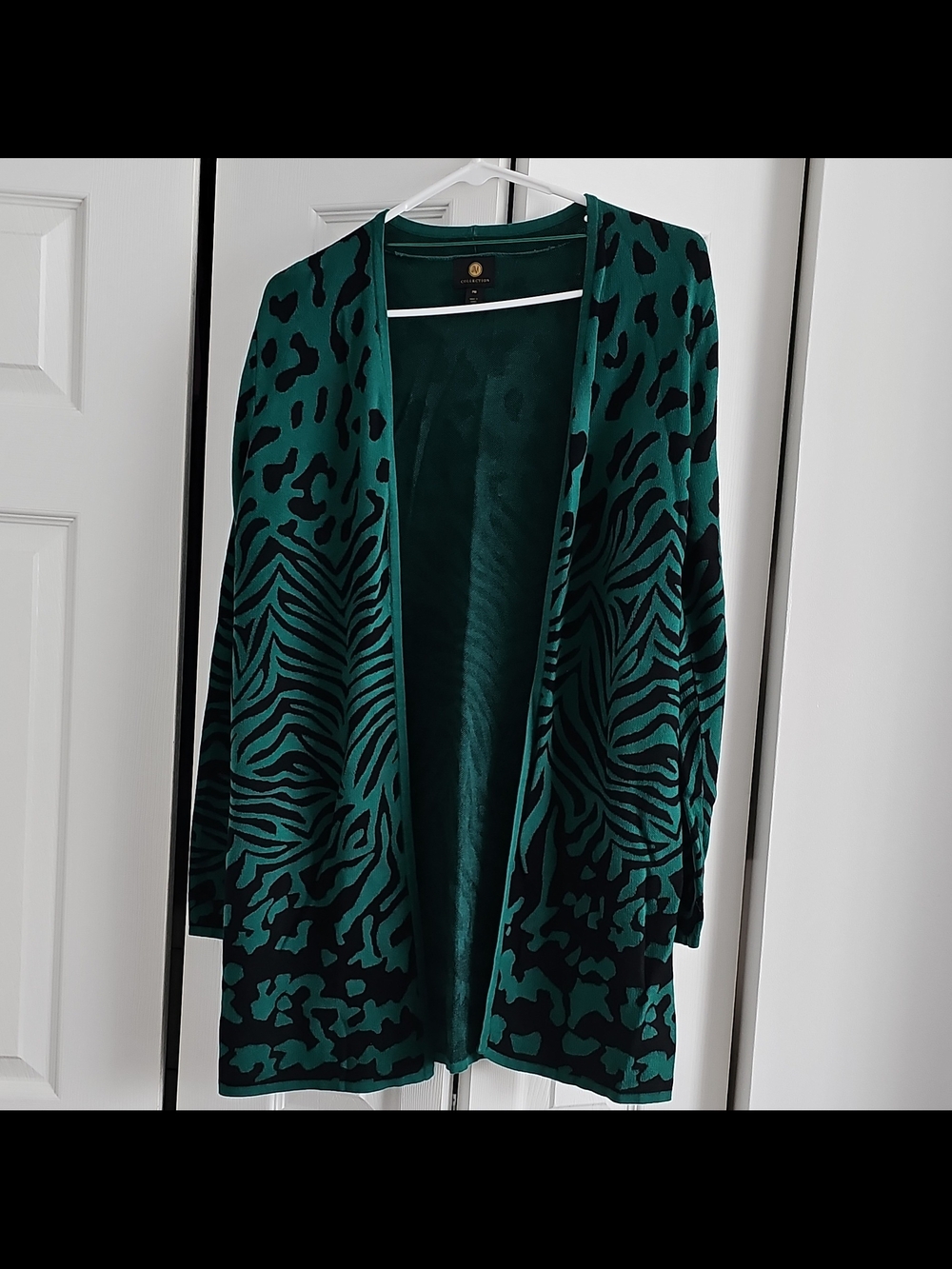 JM Collection Teal and Black Animal-Print Open-Front Cardigan